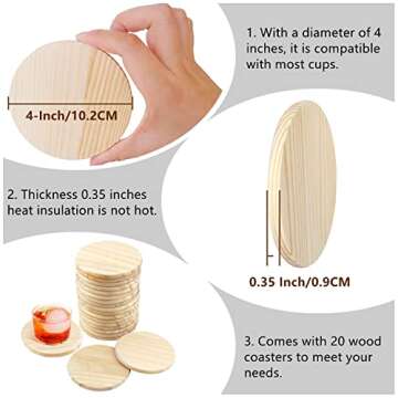 RHBLME 20 Pack Unfinished Wood Coasters, 4 Inch Round Blank Wooden Coasters for Crafts, 0.35 Inch Thickness Blank Coasters Wood Kit for DIY Stained Painting Wood Engraving Home Decor