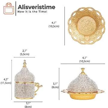 Alisveristime Crystal Embellished Turkish Coffee Set – 27 Pieces – Decorative Zamac Espresso Cups, Saucers and Sugar Bowl with Tray – Available in Three Color Variations (Gold)