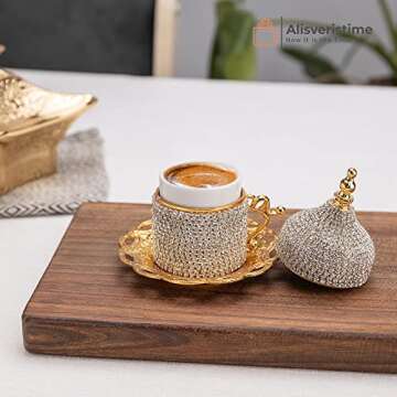 Alisveristime Crystal Embellished Turkish Coffee Set – 27 Pieces – Decorative Zamac Espresso Cups, Saucers and Sugar Bowl with Tray – Available in Three Color Variations (Gold)