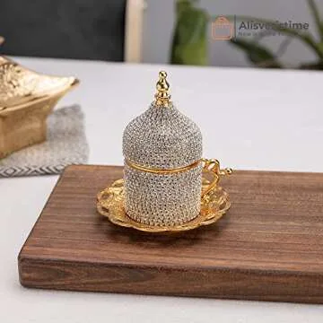 Alisveristime Crystal Embellished Turkish Coffee Set – 27 Pieces – Decorative Zamac Espresso Cups, Saucers and Sugar Bowl with Tray – Available in Three Color Variations (Gold)