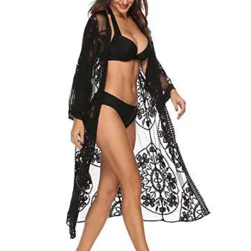 Womens Beach Cover Up Cardigan Sexy Summer Sheer Open Front Long Lace Black Kimono Cardigan