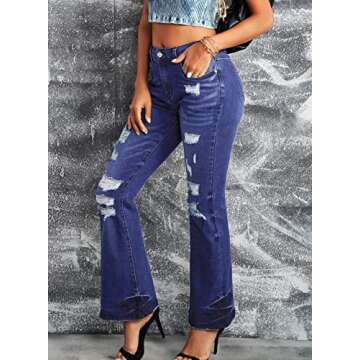 Dokotoo Women's Destroyed Ripped Flare Jeans Mid Rise Fitted Denim Pants