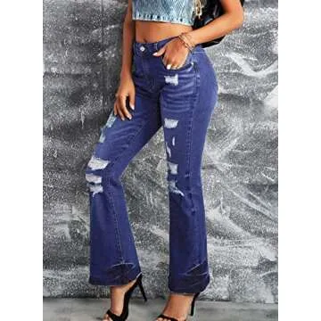 Dokotoo Women's Destroyed Ripped Flare Jeans Mid Rise Fitted Denim Pants