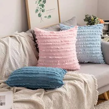 MIULEE Set of 2 Decorative Boho Throw Pillow Covers Linen Striped Jacquard Pattern Cushion Covers for Sofa Couch Living Room Bedroom 18x18 Inch Blue