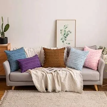 MIULEE Set of 2 Decorative Boho Throw Pillow Covers Linen Striped Jacquard Pattern Cushion Covers for Sofa Couch Living Room Bedroom 18x18 Inch Blue