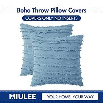 MIULEE Set of 2 Decorative Boho Throw Pillow Covers Linen Striped Jacquard Pattern Cushion Covers for Sofa Couch Living Room Bedroom 18x18 Inch Blue