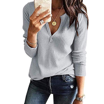 Famulily Women's Basic Long Sleeve Henley Shirts Casual Waffle V Neck T Shirt Plain Tops Slim Fit Bl...