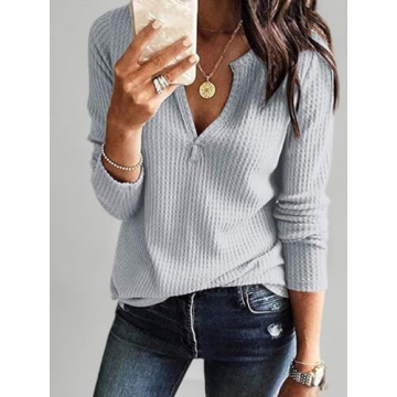 Famulily Women's Stylish Waffle V Neck Long Sleeve Shirt