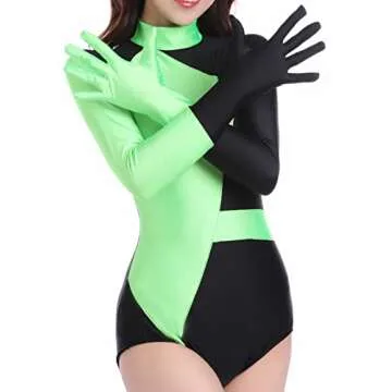 WOLF UNITARD Sexy Costume for Women Green and Black Spandex Bodysuit Long Sleeve S