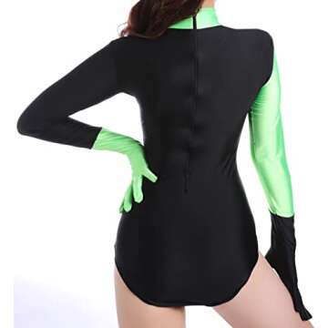 WOLF UNITARD Sexy Costume for Women Green and Black Spandex Bodysuit Long Sleeve S