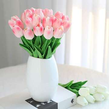 30 Pcs Fake Latex Tulips Artificial Flowers Faux Tulip Stems Real Touch Tulips for Wedding Party Home Decoration (Pink)