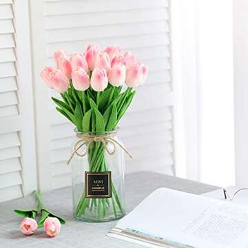 30 Pcs Fake Latex Tulips Artificial Flowers Faux Tulip Stems Real Touch Tulips for Wedding Party Home Decoration (Pink)