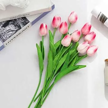 30 Pcs Fake Latex Tulips Artificial Flowers Faux Tulip Stems Real Touch Tulips for Wedding Party Home Decoration (Pink)