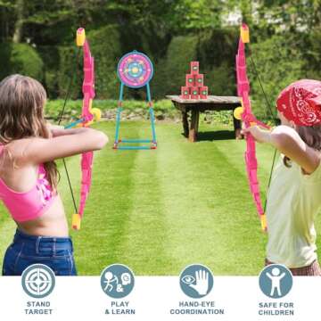 2 Pack Kids Bow and Arrow Set, Pink Light Up Archery Toy Set, 2 Foam Dart Guns & 6 Target Cans Toys for Ages 5-7, Kids Indoor Outdoor Birthday Gifts Ideas for Boys Girls 4 5 6 7 8 9 10 Year Old