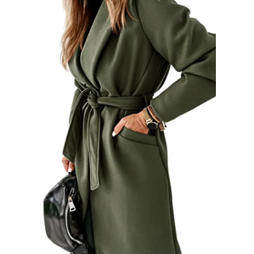 Womens Classic Coat Lapel Collar Open Front Belted Long Jacket