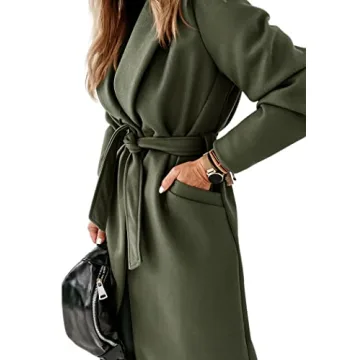Womens Classic Coat Lapel Collar Open Front Belted Long Jacket