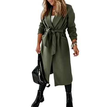 Womens Classic Coat Lapel Collar Open Front Belted Long Jacket