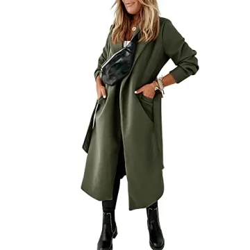 Womens Classic Coat Lapel Collar Open Front Belted Long Jacket