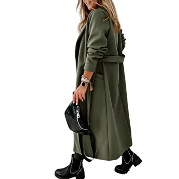 Womens Classic Coat Lapel Collar Open Front Belted Long Jacket