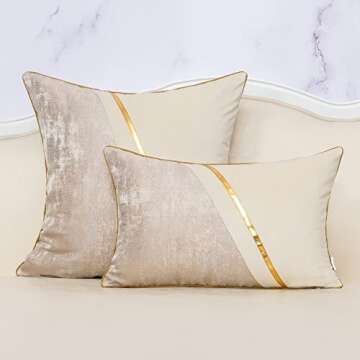 Alerfa 12 x 20 Inch Off White Beige Gold Leather Patchwork Velvet & Polyester Cushion Case Luxury Modern Lumbar Throw Pillow Cover Decorative Pillow for Couch Sofa Living Room Bedroom Car 30 x 50cm