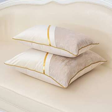 Alerfa 12 x 20 Inch Off White Beige Gold Leather Patchwork Velvet & Polyester Cushion Case Luxury Modern Lumbar Throw Pillow Cover Decorative Pillow for Couch Sofa Living Room Bedroom Car 30 x 50cm