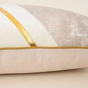 Alerfa 12 x 20 Inch Off White Beige Gold Leather Patchwork Velvet & Polyester Cushion Case Luxury Modern Lumbar Throw Pillow Cover Decorative Pillow for Couch Sofa Living Room Bedroom Car 30 x 50cm