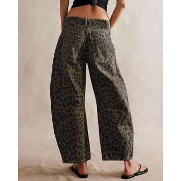 Womens Mid Rise Barrel Jeans Vintage Loose Wide Leg Jeans Cropped Denim Pants Y2k Baggy Boyfriend Jeans (X-Small,Leopard)