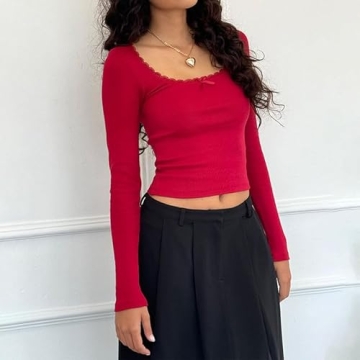 Trendy Y2K Lace Trim Shirt for Fashionable Women