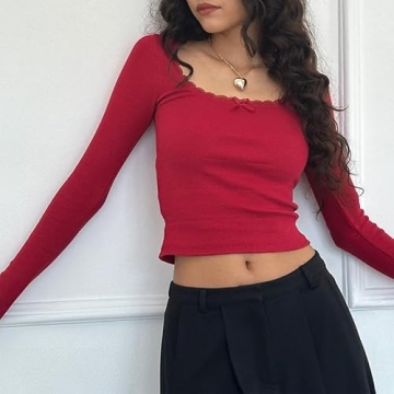 Trendy Y2K Lace Trim Shirt for Fashionable Women