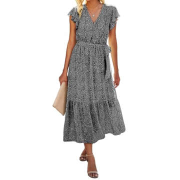 BTFBM Women Summer Bohemian Floral Casual Wrap V Neck Ruffle Cap Sleeveless Belt A-Line Pleated Hem ...