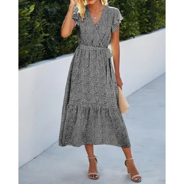 BTFBM Women Summer Bohemian Floral Casual Wrap V Neck Ruffle Cap Sleeveless Belt A-Line Pleated Hem Midi Sun Dress White