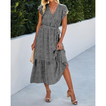 BTFBM Women Summer Bohemian Floral Casual Wrap V Neck Ruffle Cap Sleeveless Belt A-Line Pleated Hem Midi Sun Dress White
