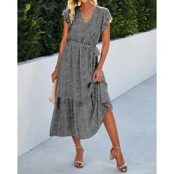 BTFBM Women Summer Bohemian Floral Casual Wrap V Neck Ruffle Cap Sleeveless Belt A-Line Pleated Hem Midi Sun Dress White