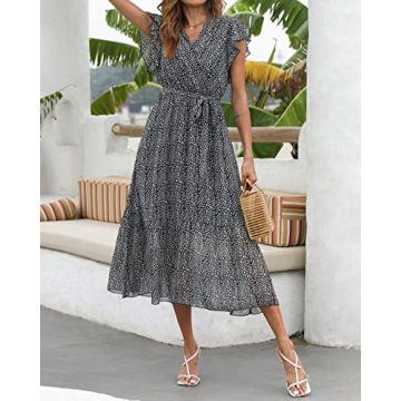 BTFBM Women Summer Bohemian Floral Casual Wrap V Neck Ruffle Cap Sleeveless Belt A-Line Pleated Hem Midi Sun Dress White