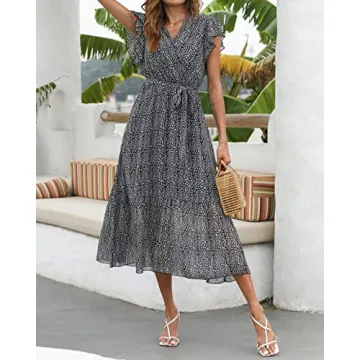 BTFBM Women Summer Bohemian Floral Casual Wrap V Neck Ruffle Cap Sleeveless Belt A-Line Pleated Hem Midi Sun Dress White