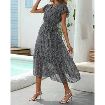 BTFBM Women Summer Bohemian Floral Casual Wrap V Neck Ruffle Cap Sleeveless Belt A-Line Pleated Hem Midi Sun Dress White