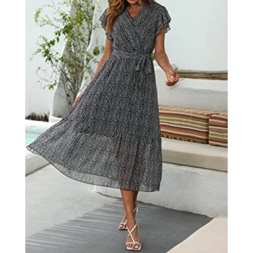 BTFBM Women Summer Bohemian Floral Casual Wrap V Neck Ruffle Cap Sleeveless Belt A-Line Pleated Hem Midi Sun Dress White