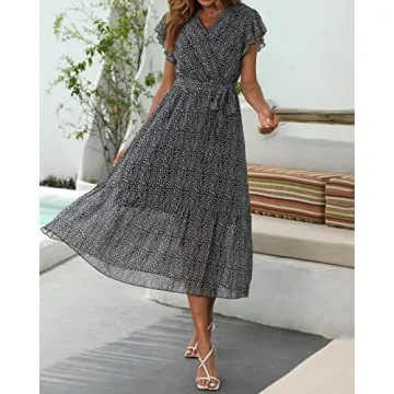 BTFBM Women Summer Bohemian Floral Casual Wrap V Neck Ruffle Cap Sleeveless Belt A-Line Pleated Hem Midi Sun Dress White