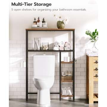 HOOBRO Over The Toilet Storage, 5-Tier Industrial Bathroom Organizer, Bathroom Space Saver with Toilet Paper Holder, Toilet Storage Rack, Small Spaces, Rustic Brown and Black BF84TS01