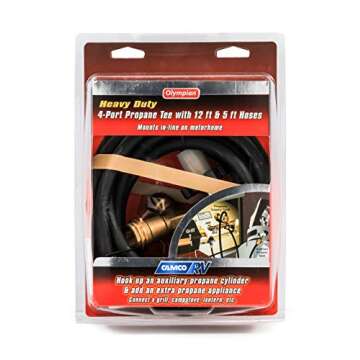 Camco Propane Brass 4 Port Tee- Comes with 5ft and 12ft Hoses, Allows for Connection Between Auxiliary Propane Cylinder and Propane Appliances (59123), Black