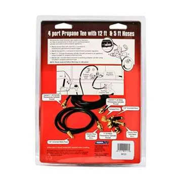 Camco Propane Brass 4 Port Tee- Comes with 5ft and 12ft Hoses, Allows for Connection Between Auxiliary Propane Cylinder and Propane Appliances (59123), Black