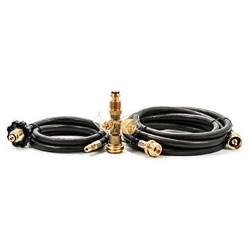Camco Propane Brass 4 Port Tee- Comes with 5ft and 12ft Hoses, Allows for Connection Between Auxiliary Propane Cylinder and Propane Appliances (59123), Black