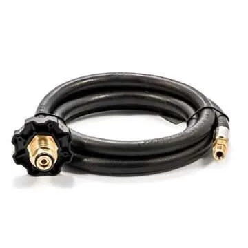 Camco Propane Brass 4 Port Tee- Comes with 5ft and 12ft Hoses, Allows for Connection Between Auxiliary Propane Cylinder and Propane Appliances (59123), Black