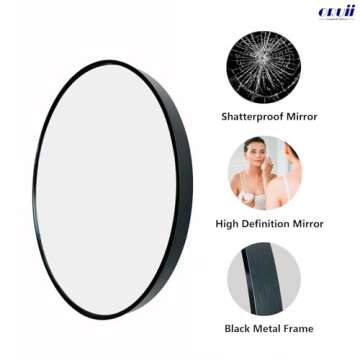 Oruii Black Circle Mirror, 20 inch Round Mirror, Wall Mirror Circular, Black Bathroom Mirror, Round ...