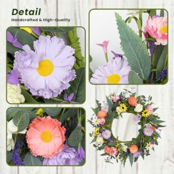 Artificial Flower Wreath,20” Purple Yellow White Pink Floral Wreath Spring and Summer Wreath Front Door Wreath for Home Party Festival Wedding Decor