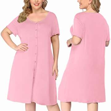 Ekouaer Women's Nightshirt Short Sleeve Button Down Nightgown V-Neck Sleepwear Pajama Dress,Misty Rose,Large
