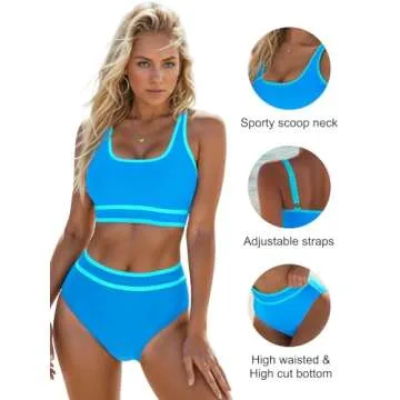 Blooming Jelly Womens High Waist Bikini Sets Sporty Color Block Two Piece Swimsuits Scoop Neck Cheeky Bathing Suits (Medium, Blue)
