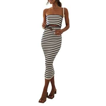 ZZEVOLSS Women Strapless Knitted Maxi Dress Color Block Patchwork Long Tube Dress Cut Out Ribbed Bodycon Bandeau Dress (Cutout Front Striped-b, M)