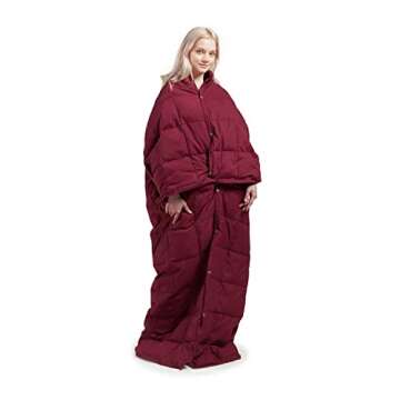Sleep Philosophy True North Wearable Blanket, Oversized, Goose & Down Throw with Buttons, Classic Box Quilting, Heavy Filled for Camping, Travel, Outdoors Friendly Carrying Bag, 62x68, Red