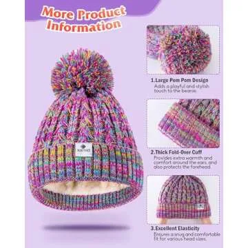 HAITHO Kids Toddler Winter Hat with Pom Pom, 2 Size Kids Toddler Teen Beanie Hats for Girls Boys, Cute Warm Fleece Lined Knit Beanies Cap for Age 2-12 Years-01